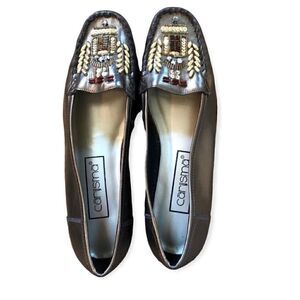 Carisma Sz 7.5N Leather Pewter Metallic Beaded Slip On Resort Summer Loafers